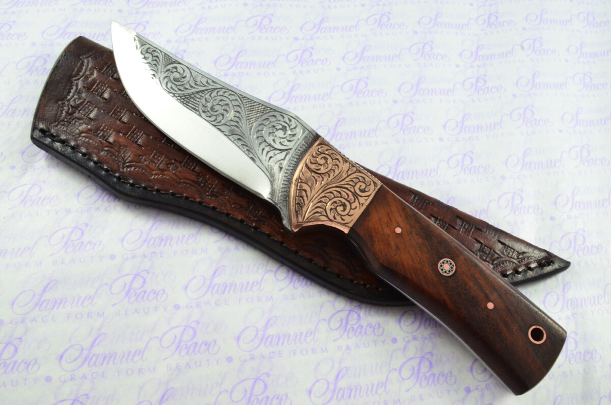 New Fantastic Hand Engraved Carbon 01 Tool Steel Hunting/Bowie Knife Rosewood Scales Unbelievable Piece Pristine inc Leather Sheath