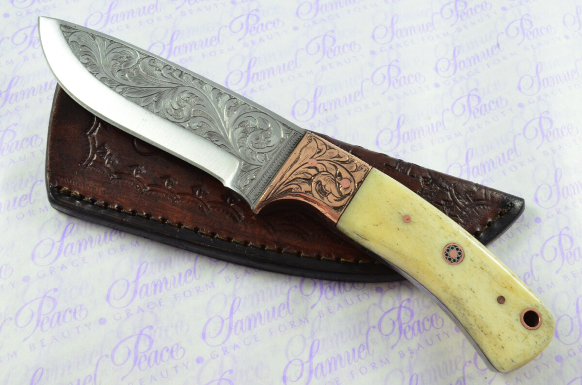 New Fantastic Hand Engraved Carbon 01 Tool Steel Hunting/Bowie Knife Camel Bone Scales Unbelievable Piece Pristine inc Leather Sheath