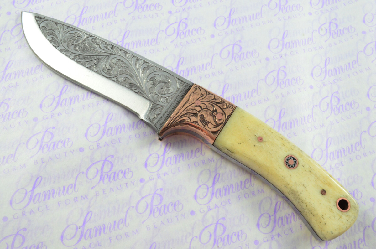 New Fantastic Hand Engraved Carbon 01 Tool Steel Hunting/Bowie Knife Camel Bone Scales Unbelievable Piece Pristine inc Leather Sheath - Image 3