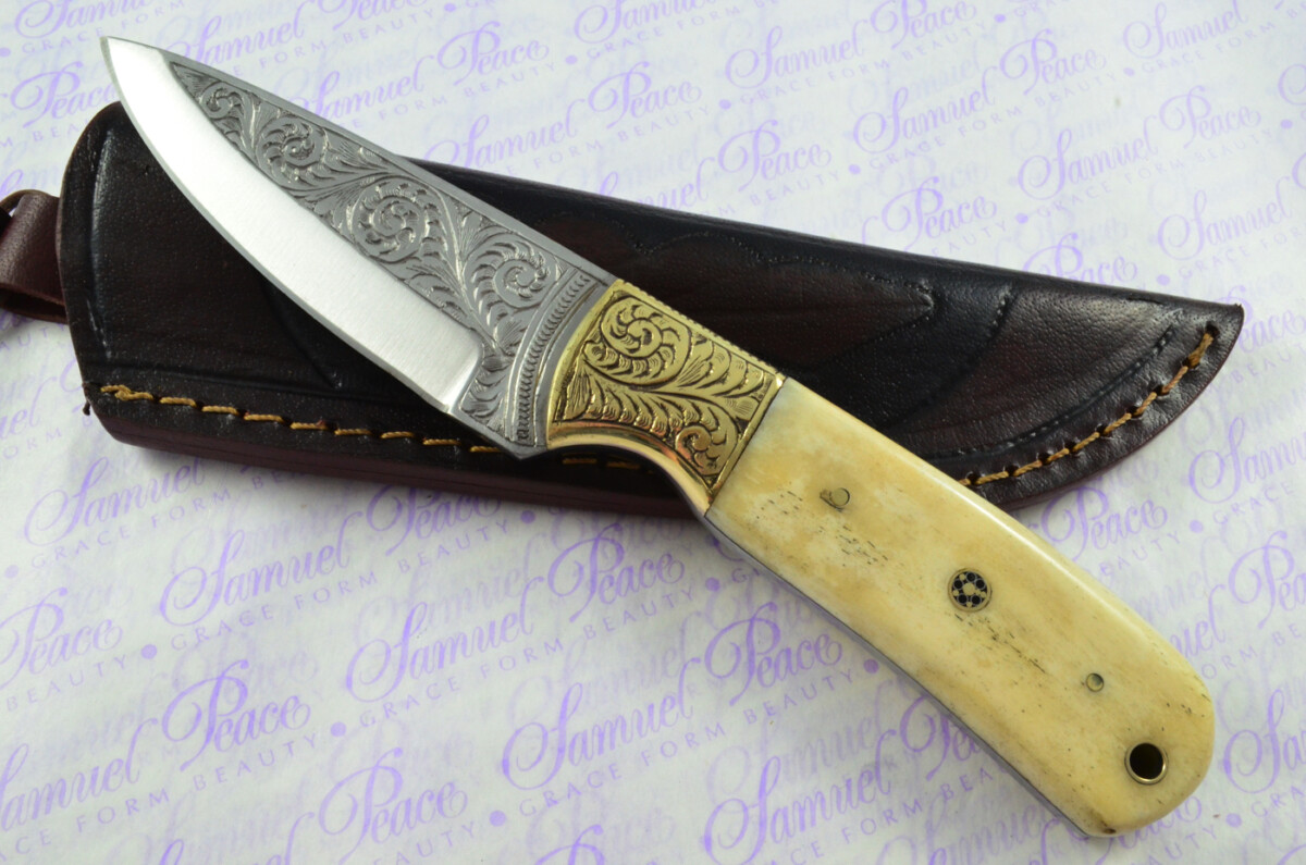 New Fantastic Hand Engraved Carbon 01 Tool Steel Hunting/Bowie Knife Camel Bone Scales Unbelievable Piece Pristine inc Leather Sheath