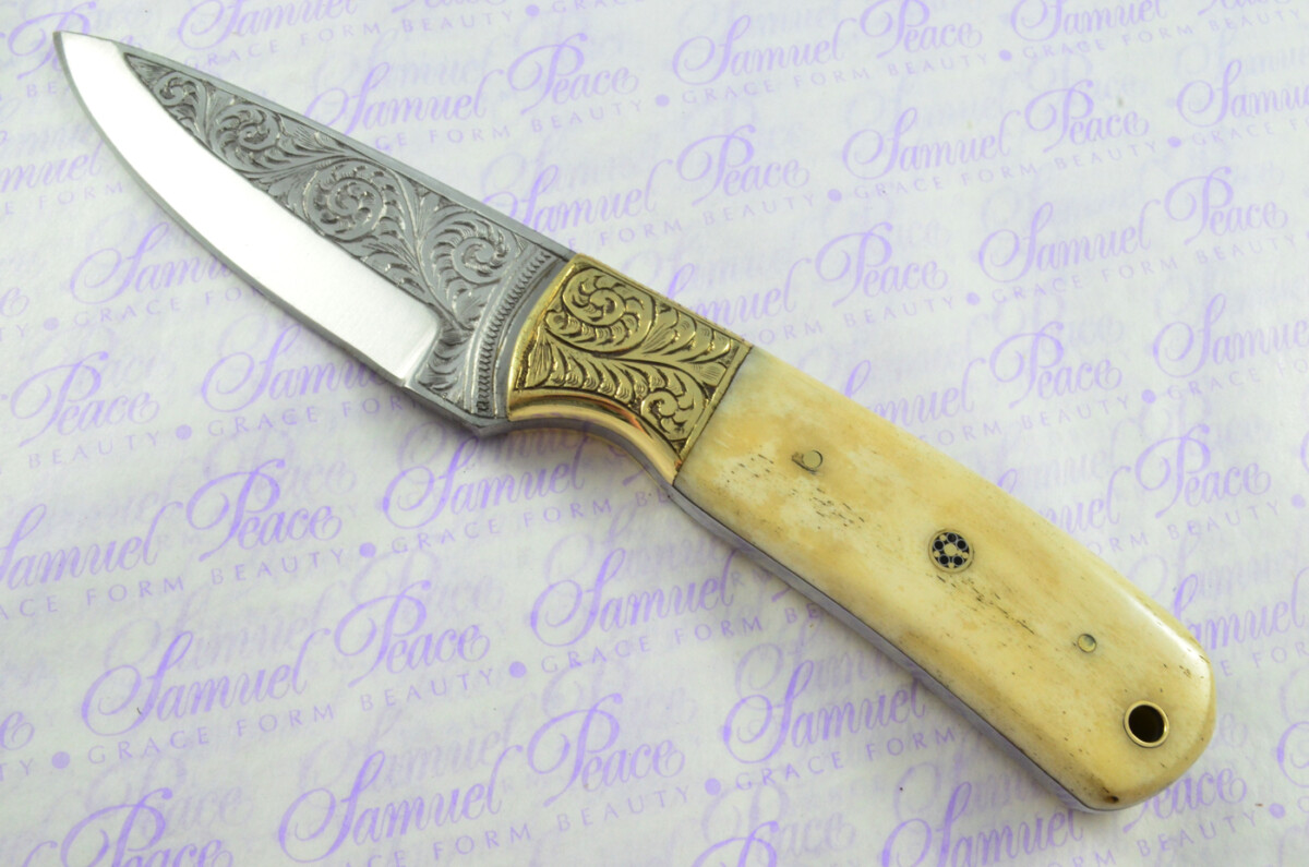 New Fantastic Hand Engraved Carbon 01 Tool Steel Hunting/Bowie Knife Camel Bone Scales Unbelievable Piece Pristine inc Leather Sheath - Image 3