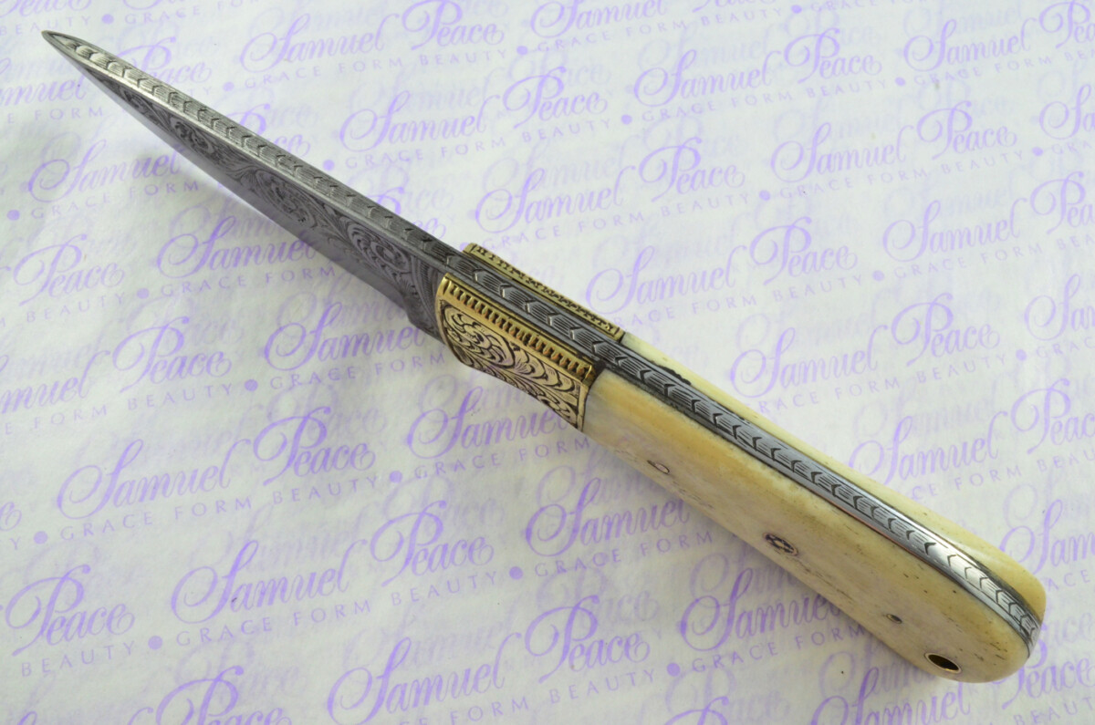 New Fantastic Hand Engraved Carbon 01 Tool Steel Hunting/Bowie Knife Camel Bone Scales Unbelievable Piece Pristine inc Leather Sheath - Image 4