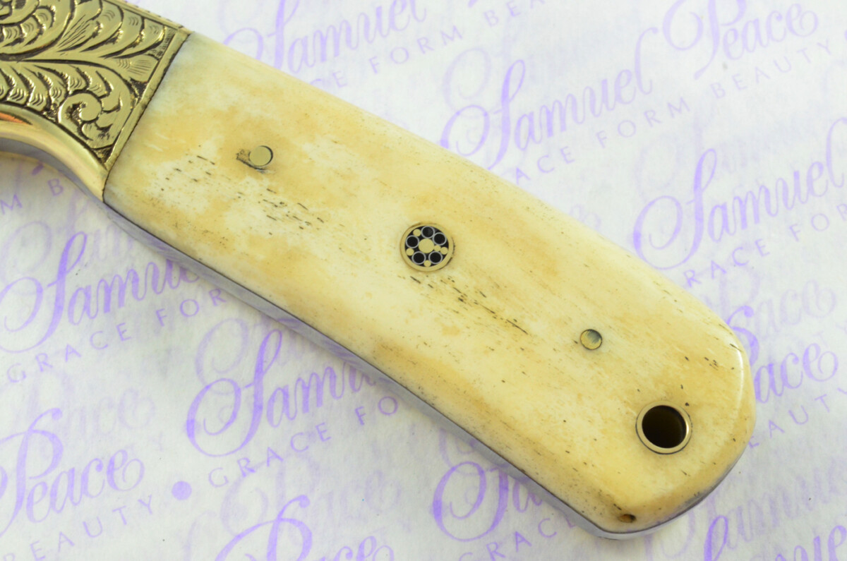 New Fantastic Hand Engraved Carbon 01 Tool Steel Hunting/Bowie Knife Camel Bone Scales Unbelievable Piece Pristine inc Leather Sheath - Image 6