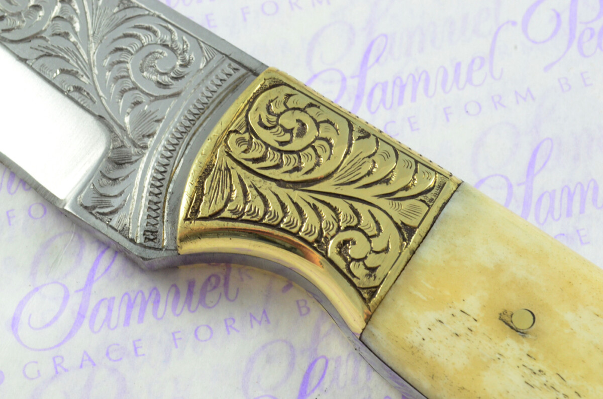 New Fantastic Hand Engraved Carbon 01 Tool Steel Hunting/Bowie Knife Camel Bone Scales Unbelievable Piece Pristine inc Leather Sheath - Image 7