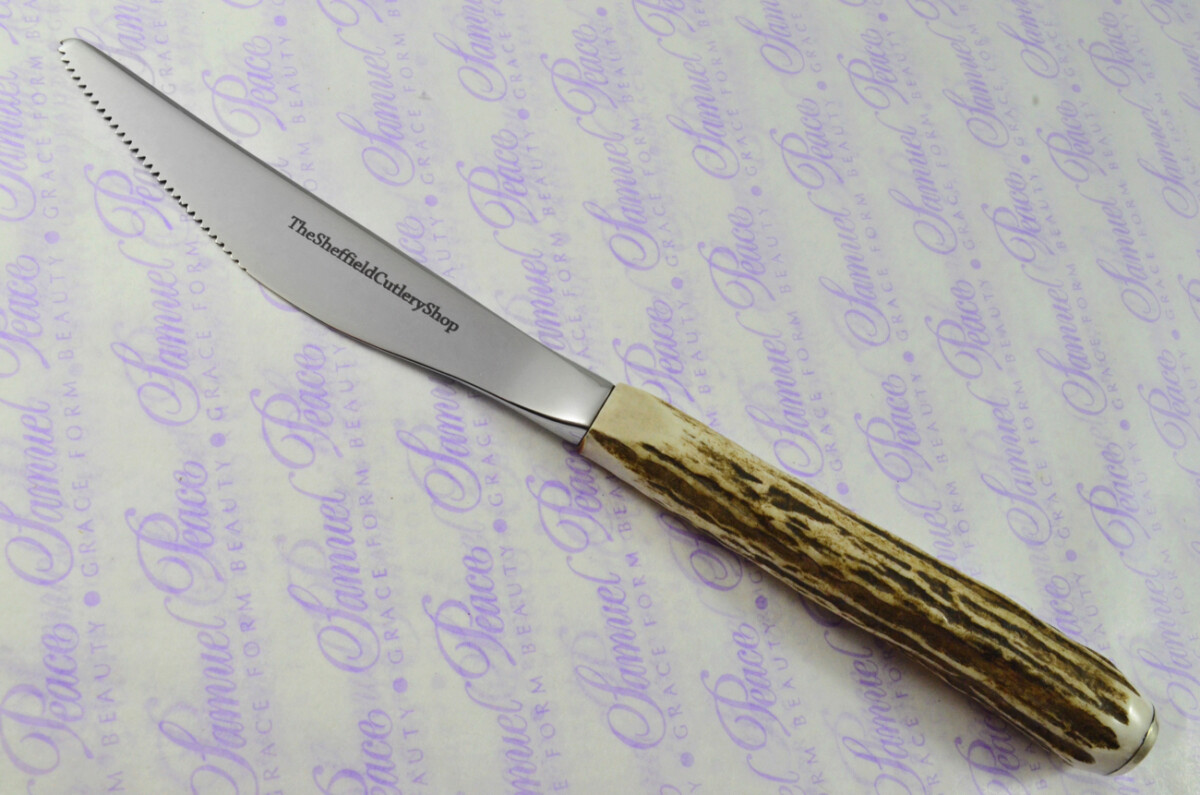 Coarse Serrate Six Genuine Stag/Antler Handle Steak/Bistro/Grill Knife Made Sheffield England Cased - Image 4