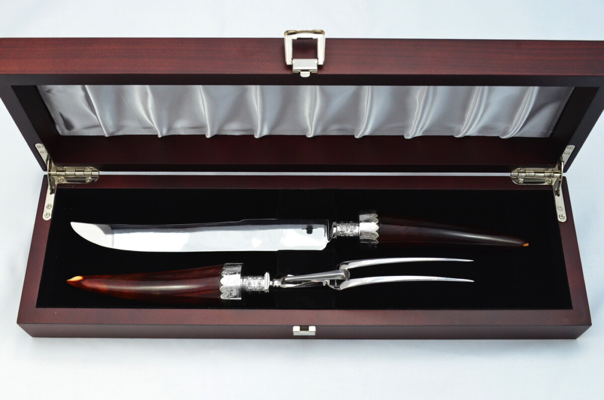 Amazing Richard Morton & Co Rare Wooden Cased Sterling Silver Ferruled Stained Ivory Carving Set 1906
