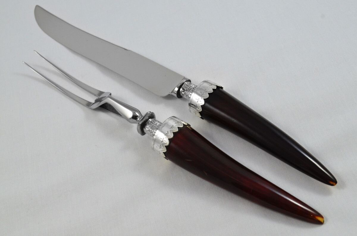 Amazing Richard Morton & Co Rare Wooden Cased Sterling Silver Ferruled Stained Ivory Carving Set 1906 - Image 3
