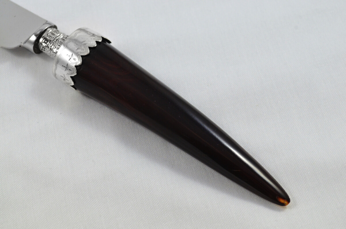 Amazing Richard Morton & Co Rare Wooden Cased Sterling Silver Ferruled Stained Ivory Carving Set 1906 - Image 11