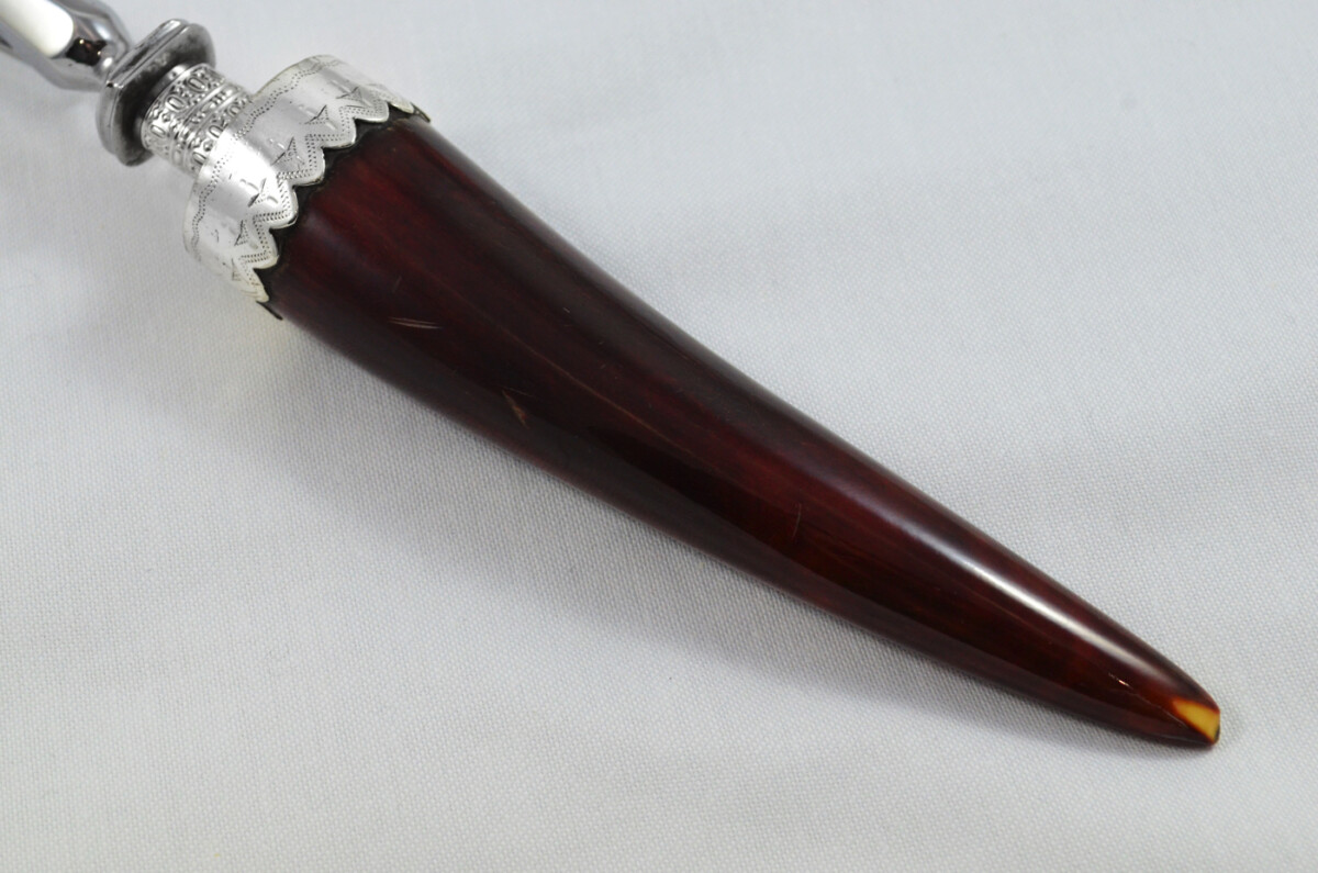 Amazing Richard Morton & Co Rare Wooden Cased Sterling Silver Ferruled Stained Ivory Carving Set 1906 - Image 8