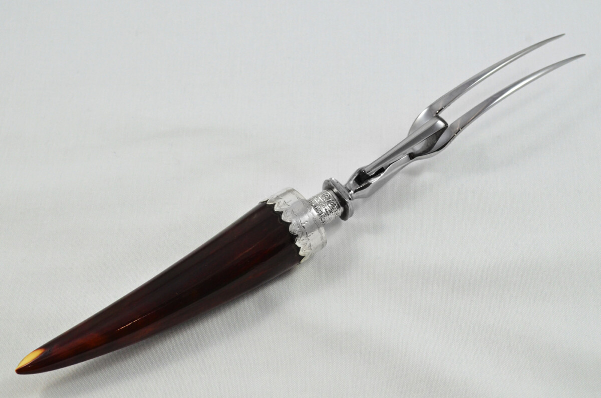Amazing Richard Morton & Co Rare Wooden Cased Sterling Silver Ferruled Stained Ivory Carving Set 1906 - Image 7