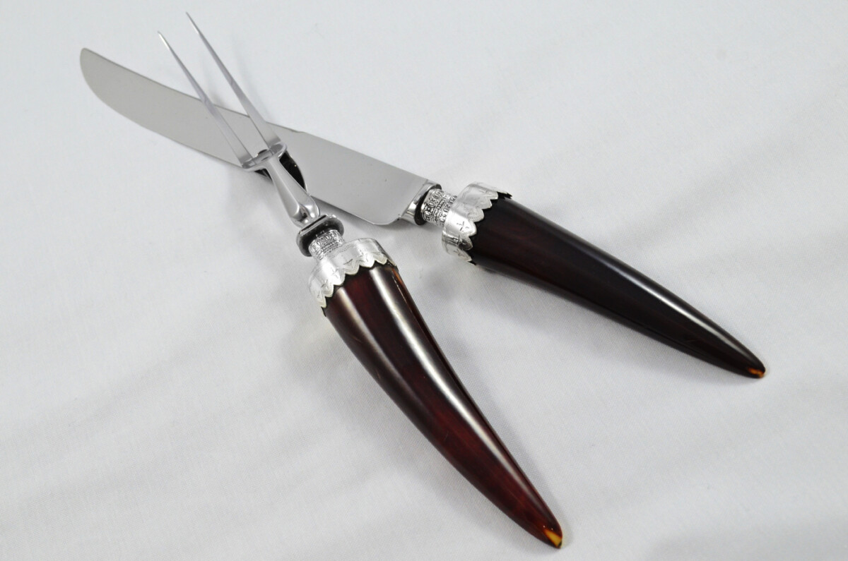 Amazing Richard Morton & Co Rare Wooden Cased Sterling Silver Ferruled Stained Ivory Carving Set 1906 - Image 2