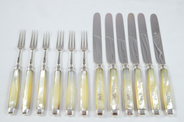 John Oxley 1807 Set of 6 Knives & Forks Solid Silver Mother Of Pearl Handles RARE - Image 9