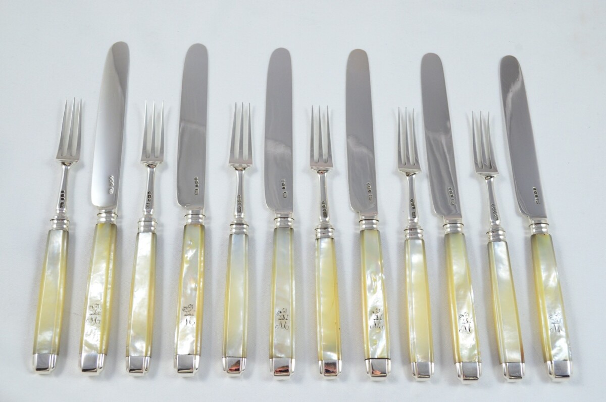 John Oxley 1807 Set of 6 Knives & Forks Solid Silver Mother Of Pearl Handles RARE