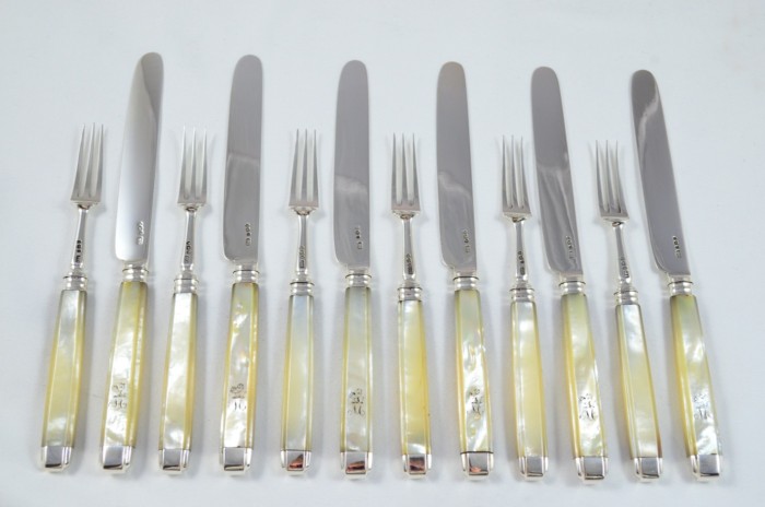 John Oxley 1807 Set of 6 Knives & Forks Solid Silver Mother Of Pearl Handles RARE