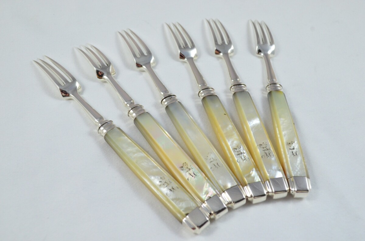 John Oxley 1807 Set of 6 Knives & Forks Solid Silver Mother Of Pearl Handles RARE - Image 5