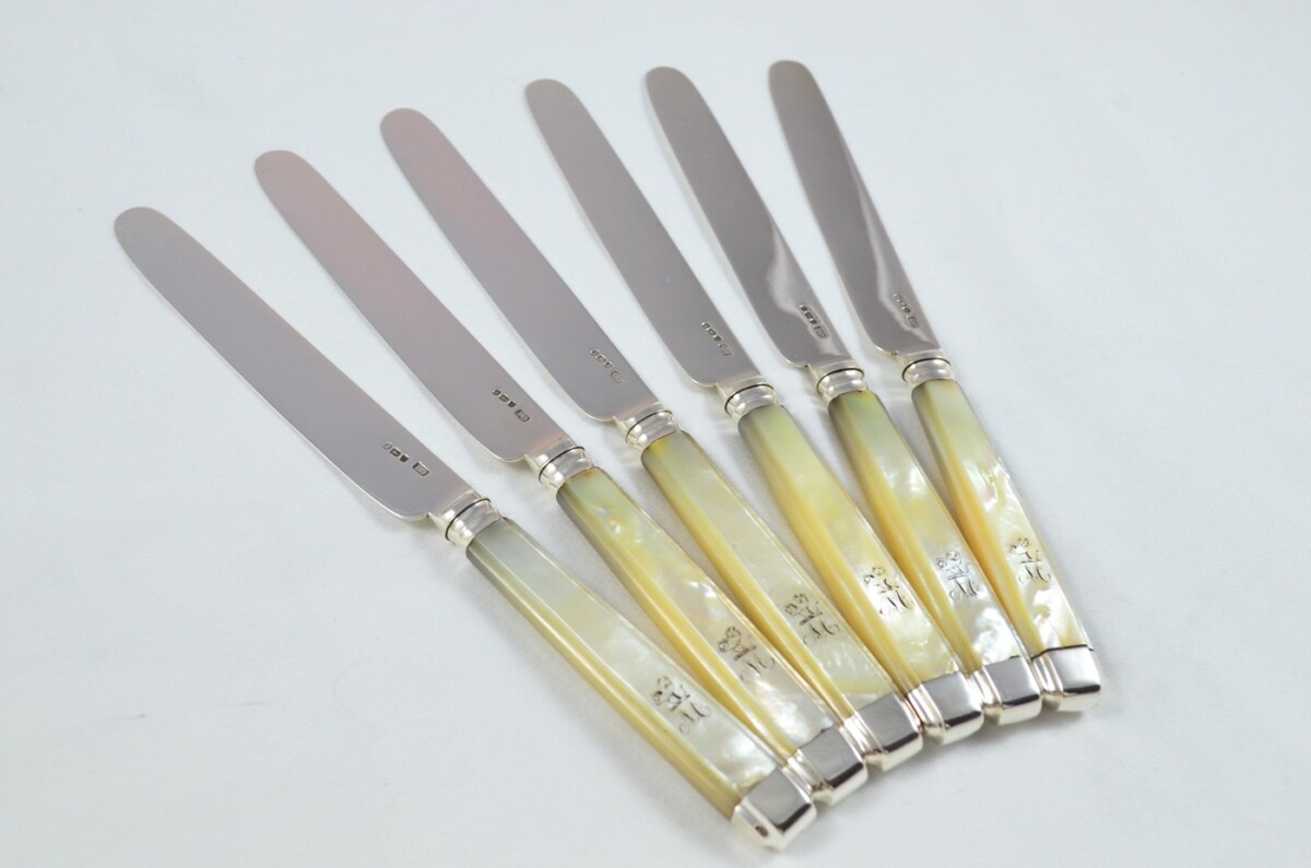 John Oxley 1807 Set of 6 Knives & Forks Solid Silver Mother Of Pearl Handles RARE - Image 4