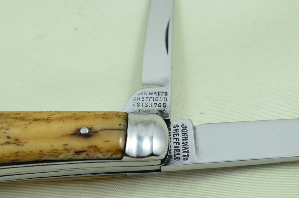 John Watts Sheffield Made 2 Blade Stag Antler Horn Scaled Pen Knife - Image 3