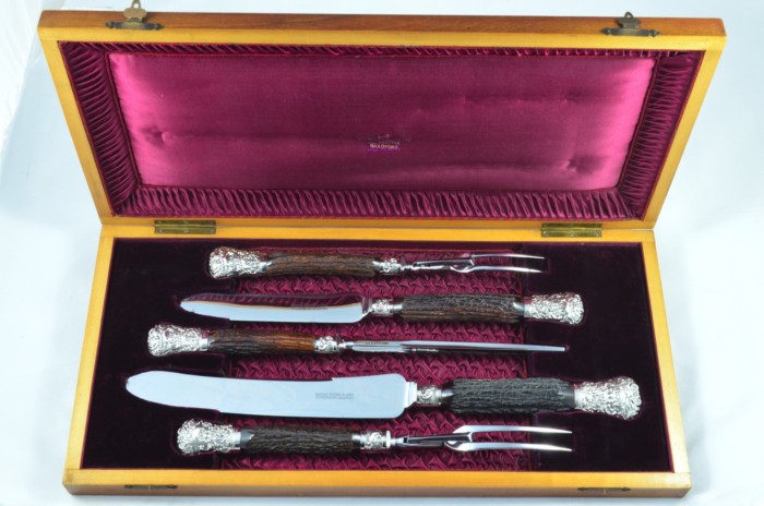 MR&S 5 Piece Dark Sambar Stag Handled Silver Plated Capped and Ferruled Carving Set Made in Bradford C.1900