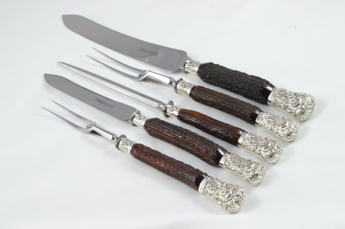 MR&S 5 Piece Dark Sambar Stag Handled Silver Plated Capped and Ferruled Carving Set Made in Bradford C.1900 - Image 2