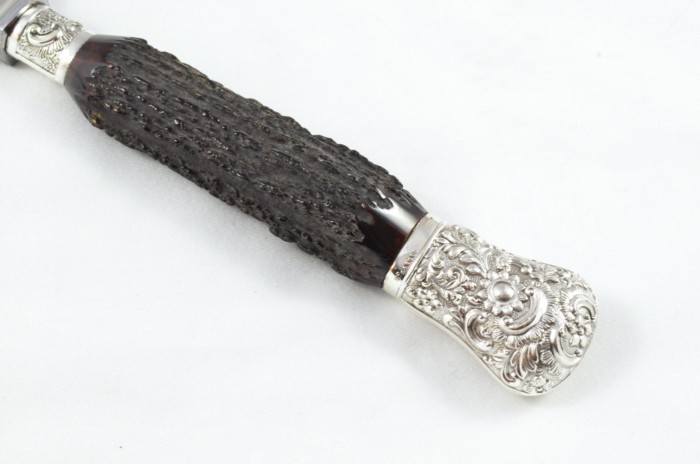 MR&S 5 Piece Dark Sambar Stag Handled Silver Plated Capped and Ferruled Carving Set Made in Bradford C.1900 - Image 3