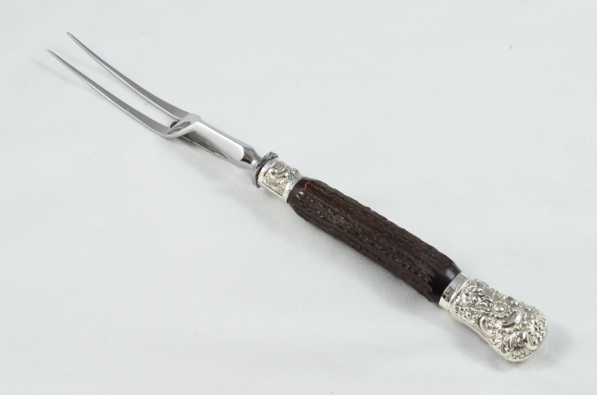 MR&S 5 Piece Dark Sambar Stag Handled Silver Plated Capped and Ferruled Carving Set Made in Bradford C.1900 - Image 5