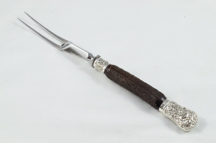 MR&S 5 Piece Dark Sambar Stag Handled Silver Plated Capped and Ferruled Carving Set Made in Bradford C.1900 - Image 5