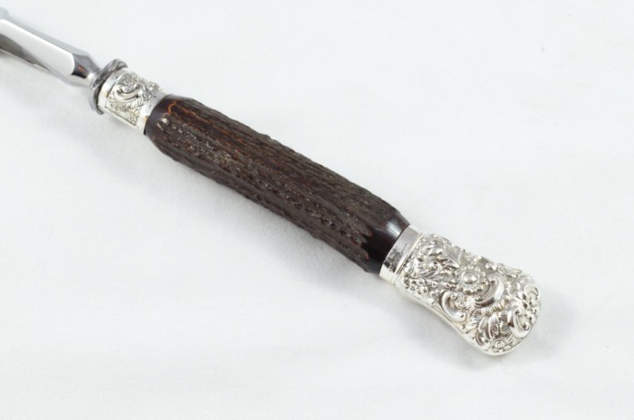 MR&S 5 Piece Dark Sambar Stag Handled Silver Plated Capped and Ferruled Carving Set Made in Bradford C.1900 - Image 7