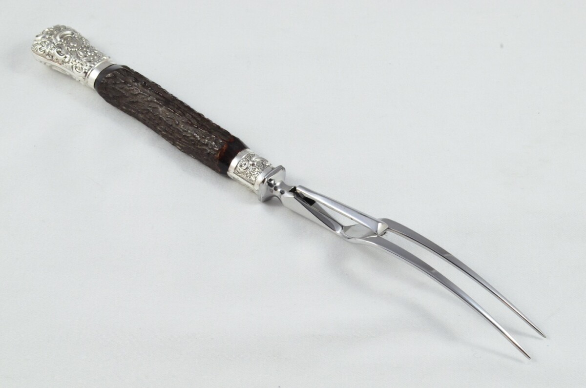 MR&S 5 Piece Dark Sambar Stag Handled Silver Plated Capped and Ferruled Carving Set Made in Bradford C.1900 - Image 6
