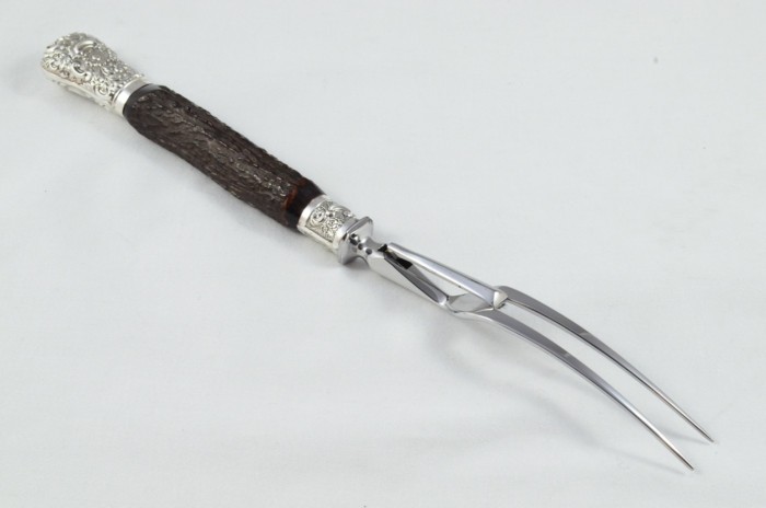 MR&S 5 Piece Dark Sambar Stag Handled Silver Plated Capped and Ferruled Carving Set Made in Bradford C.1900 - Image 6