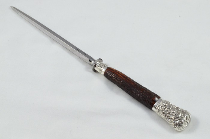 MR&S 5 Piece Dark Sambar Stag Handled Silver Plated Capped and Ferruled Carving Set Made in Bradford C.1900 - Image 8