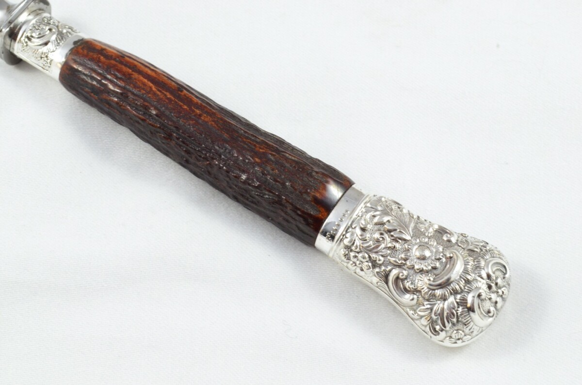 MR&S 5 Piece Dark Sambar Stag Handled Silver Plated Capped and Ferruled Carving Set Made in Bradford C.1900 - Image 9