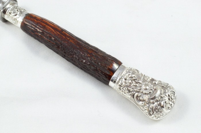 MR&S 5 Piece Dark Sambar Stag Handled Silver Plated Capped and Ferruled Carving Set Made in Bradford C.1900 - Image 9