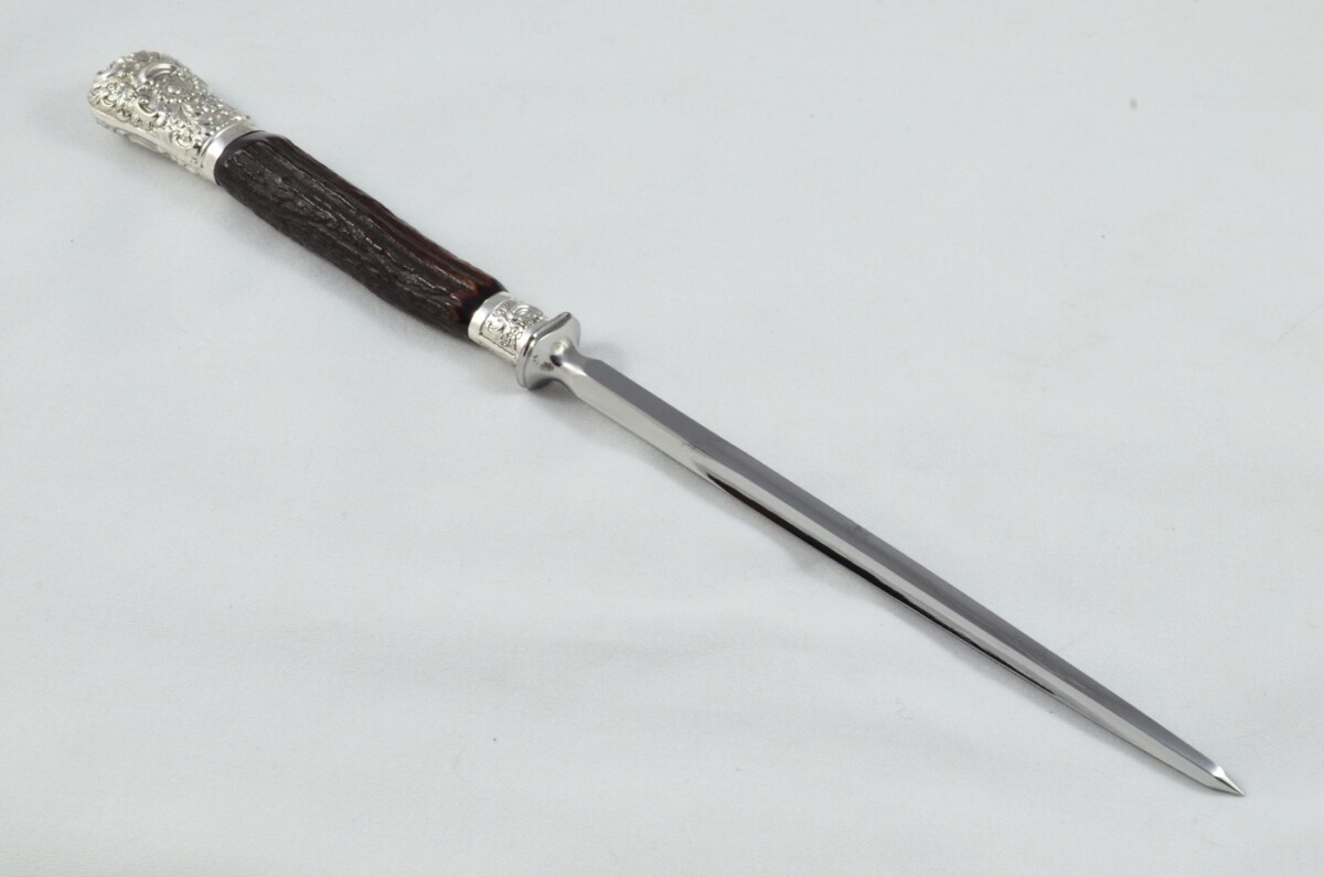 MR&S 5 Piece Dark Sambar Stag Handled Silver Plated Capped and Ferruled Carving Set Made in Bradford C.1900 - Image 10