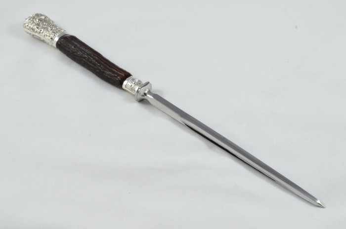 MR&S 5 Piece Dark Sambar Stag Handled Silver Plated Capped and Ferruled Carving Set Made in Bradford C.1900 - Image 10