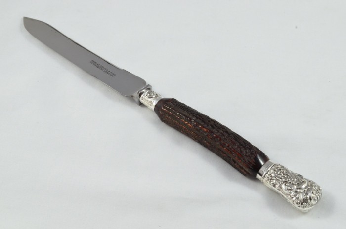 MR&S 5 Piece Dark Sambar Stag Handled Silver Plated Capped and Ferruled Carving Set Made in Bradford C.1900 - Image 11