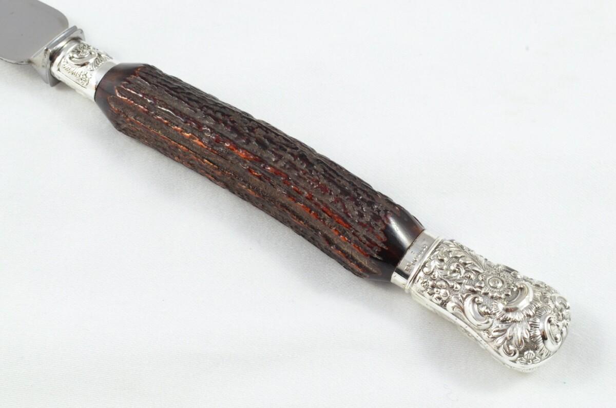 MR&S 5 Piece Dark Sambar Stag Handled Silver Plated Capped and Ferruled Carving Set Made in Bradford C.1900 - Image 12
