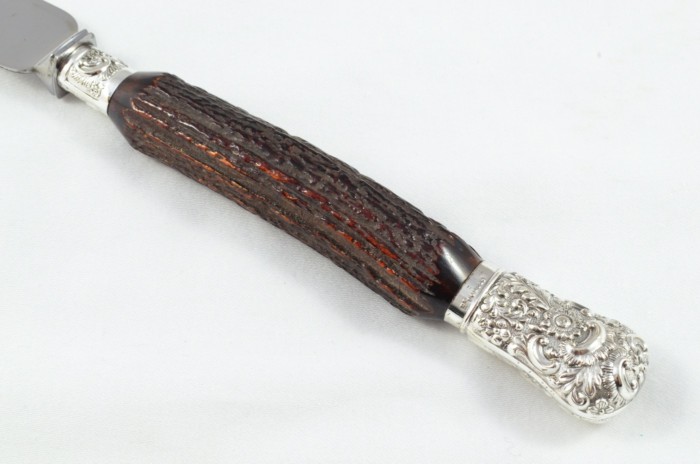 MR&S 5 Piece Dark Sambar Stag Handled Silver Plated Capped and Ferruled Carving Set Made in Bradford C.1900 - Image 12