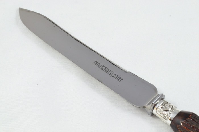 MR&S 5 Piece Dark Sambar Stag Handled Silver Plated Capped and Ferruled Carving Set Made in Bradford C.1900 - Image 13