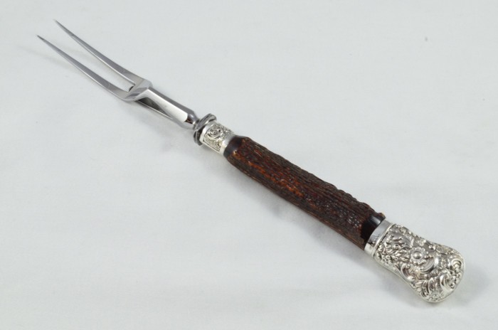 MR&S 5 Piece Dark Sambar Stag Handled Silver Plated Capped and Ferruled Carving Set Made in Bradford C.1900 - Image 14