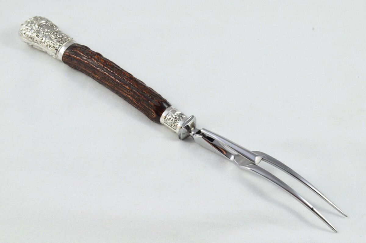 MR&S 5 Piece Dark Sambar Stag Handled Silver Plated Capped and Ferruled Carving Set Made in Bradford C.1900 - Image 15