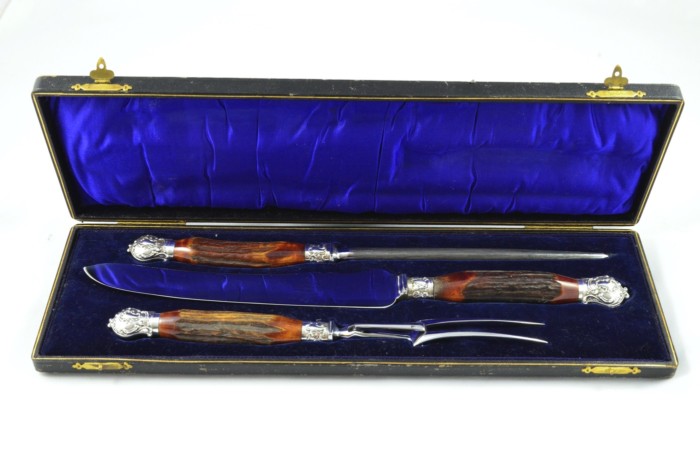 Classic R. F. Moseley 3 Piece Stag Handled Silver Plated Capped and Ferruled Carving Set Made in Sheffield C.1910
