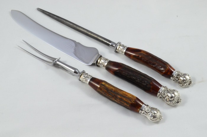 Classic R. F. Moseley 3 Piece Stag Handled Silver Plated Capped and Ferruled Carving Set Made in Sheffield C.1910 - Image 2
