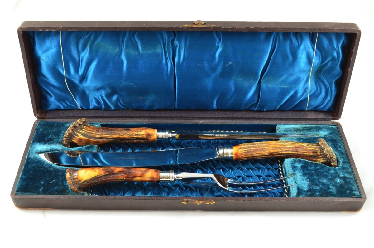 Original George Butler 3 Piece Stag Crown Handled Silver Plated Ferruled Carving Set Made in Sheffield C.1890