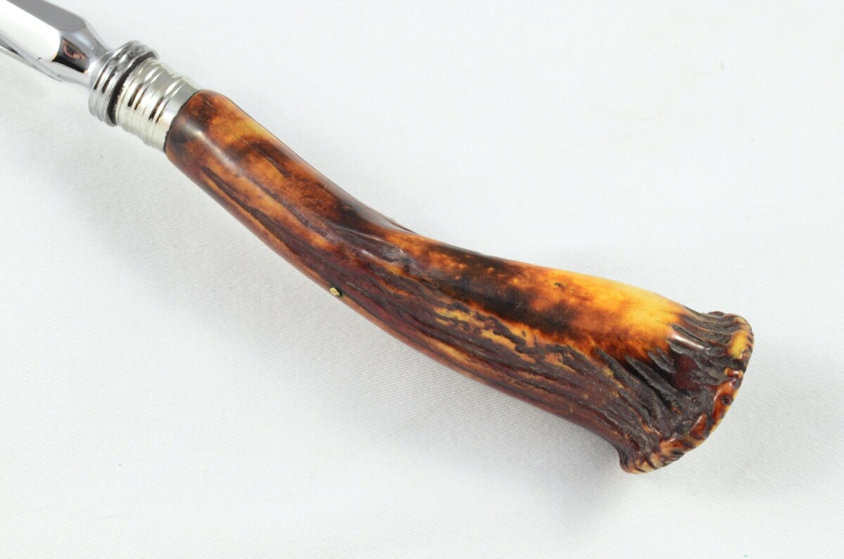 Original George Butler 3 Piece Stag Crown Handled Silver Plated Ferruled Carving Set Made in Sheffield C.1890 - Image 6