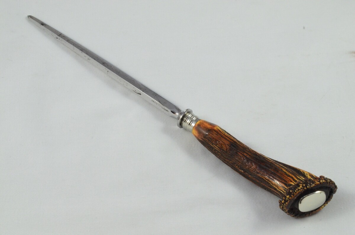Original George Butler 3 Piece Stag Crown Handled Silver Plated Ferruled Carving Set Made in Sheffield C.1890 - Image 7