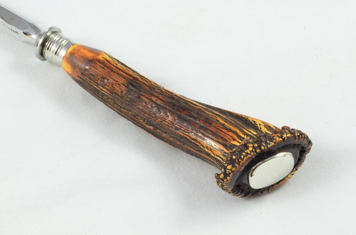 Original George Butler 3 Piece Stag Crown Handled Silver Plated Ferruled Carving Set Made in Sheffield C.1890 - Image 8