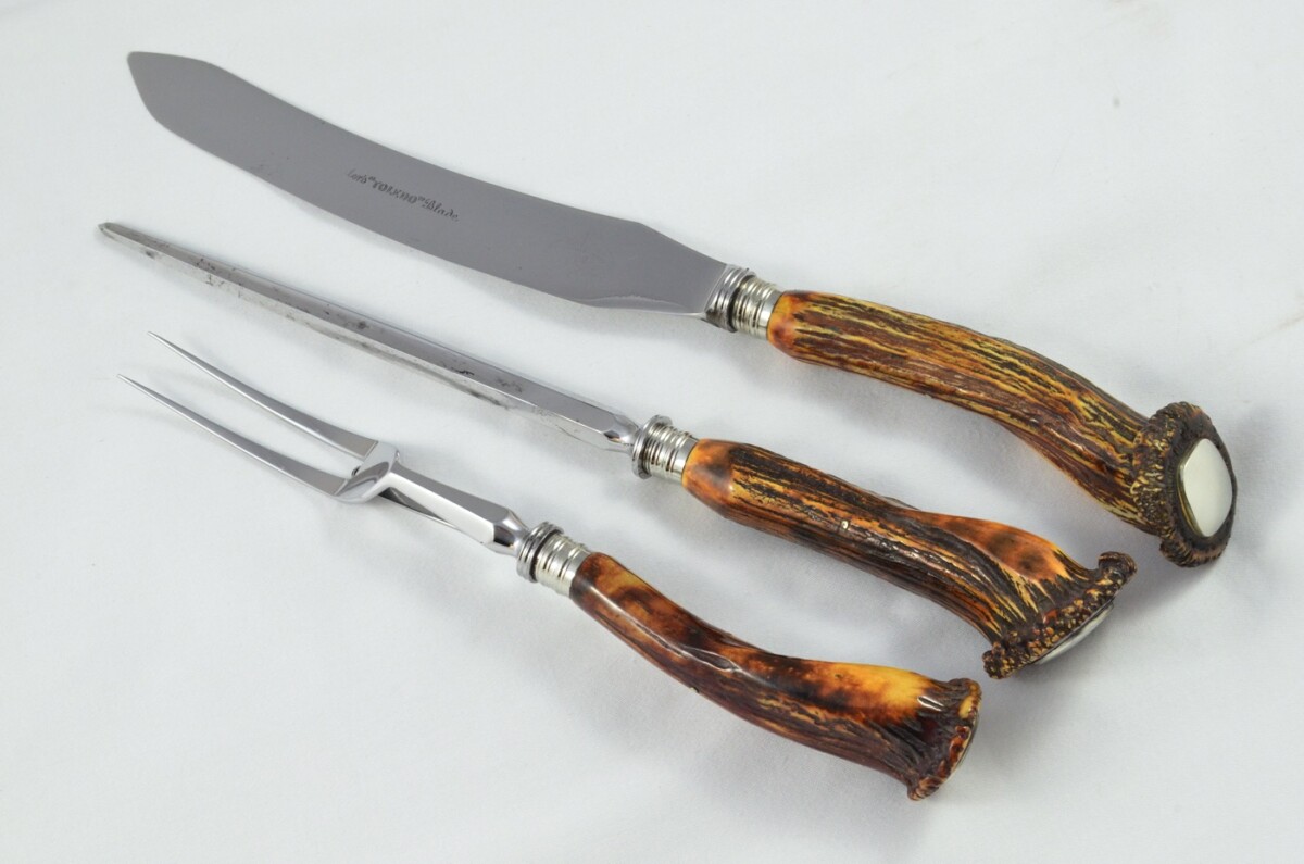 Original George Butler 3 Piece Stag Crown Handled Silver Plated Ferruled Carving Set Made in Sheffield C.1890 - Image 2