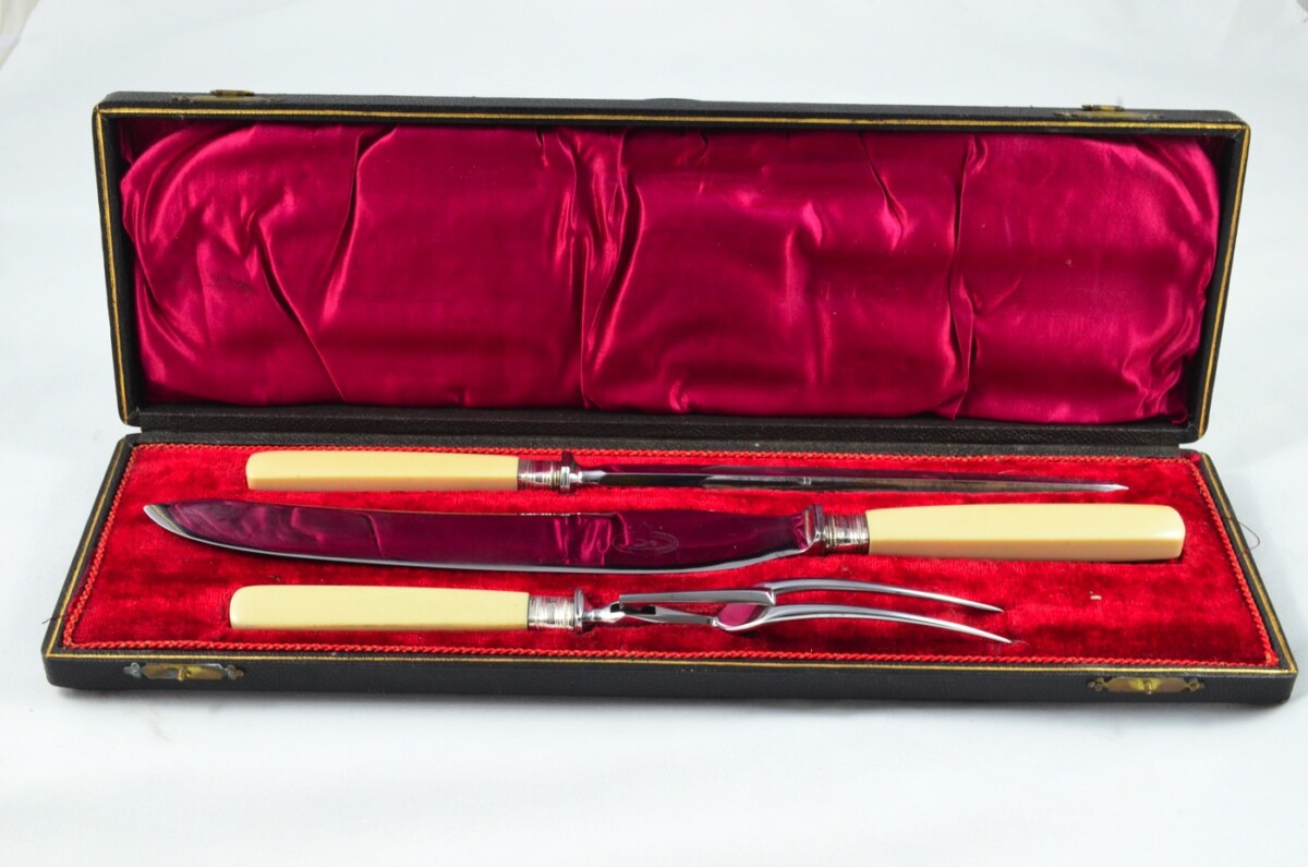 Amazing Henry Greaves 3 Piece Xylonite Handled Silver Ferruled Carving Set Made in Sheffield 1904