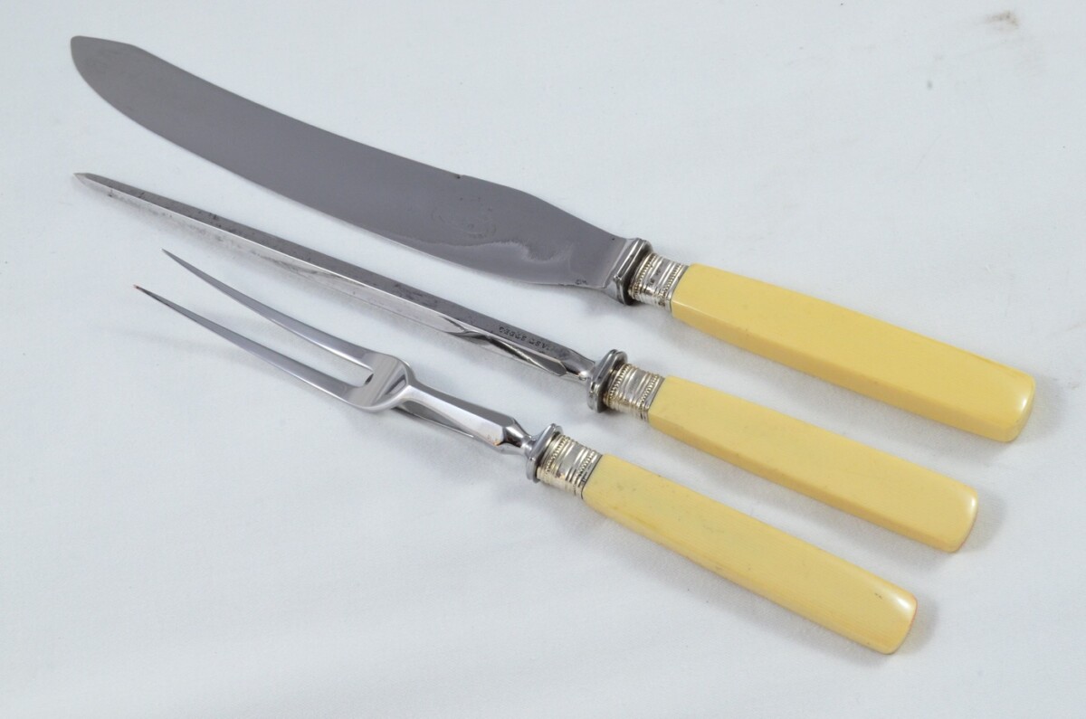 Amazing Henry Greaves 3 Piece Xylonite Handled Silver Ferruled Carving Set Made in Sheffield 1904 - Image 2