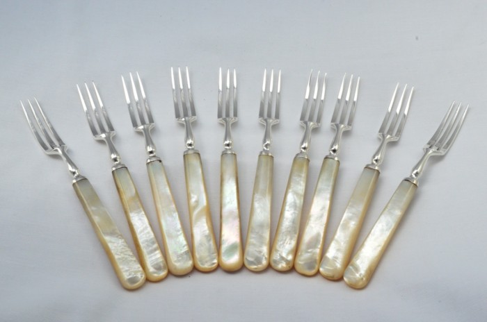 Mappin & Webb Set of 10 Afternoon Tea Forks Solid Silver Mother Of Pearl Handles 1947